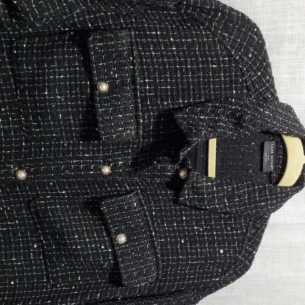 Lane Bryant Black Tweed Shacket with Metallic threads and pearl buttons. - Picture 3 of 5
